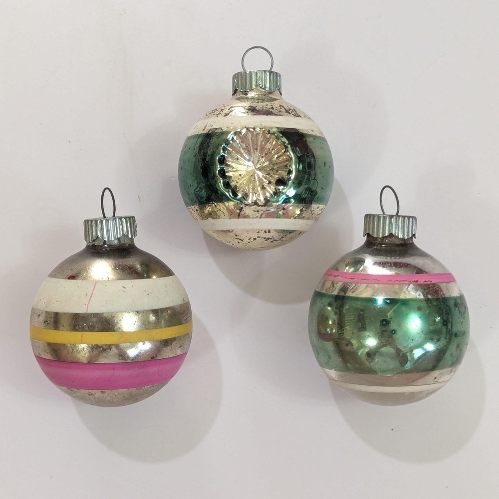Vtg Double Indent Green Pink White Stripe 1.75" Glass Christmas Ornament Lot USA